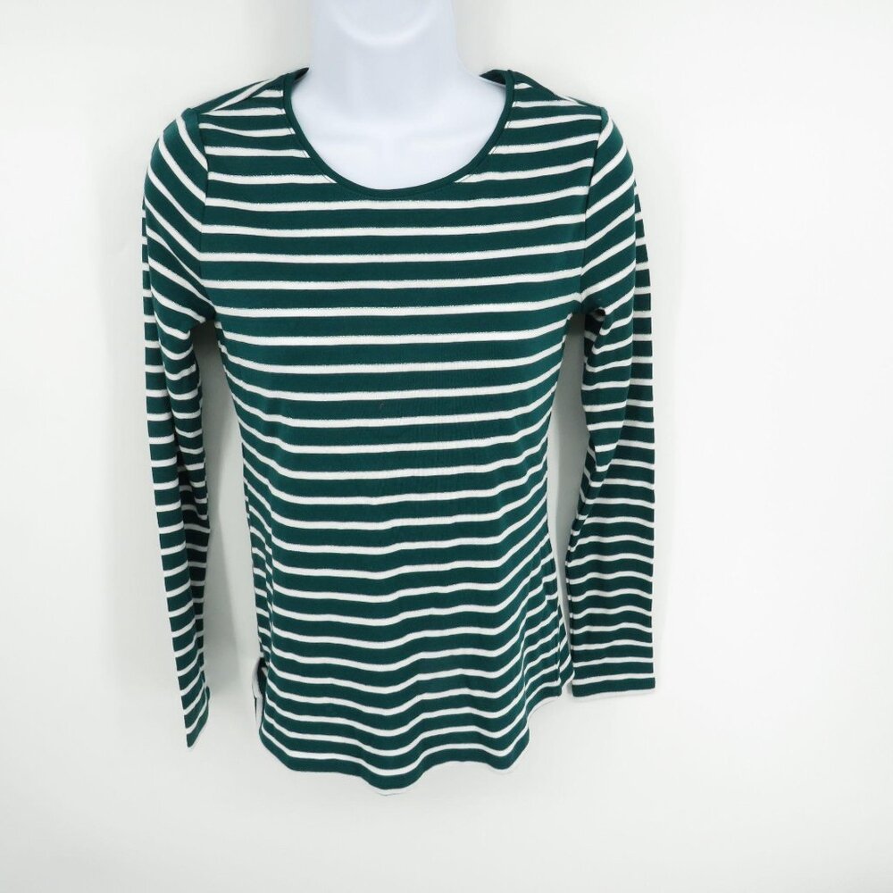 Charter Club Womens Green White Striped Long Sleeve Shirt XS $24.99